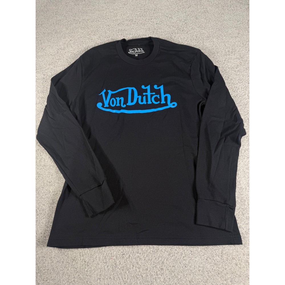 Von Dutch Mens Long Sleeve Thermal Shirt Black Blue Logo Waffle Knit Size M